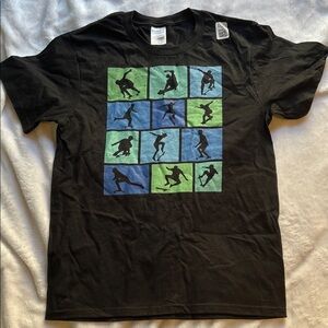 Black T-Shirt with Blue and Green Skateboarding Graphic (Youth L : 11/12)